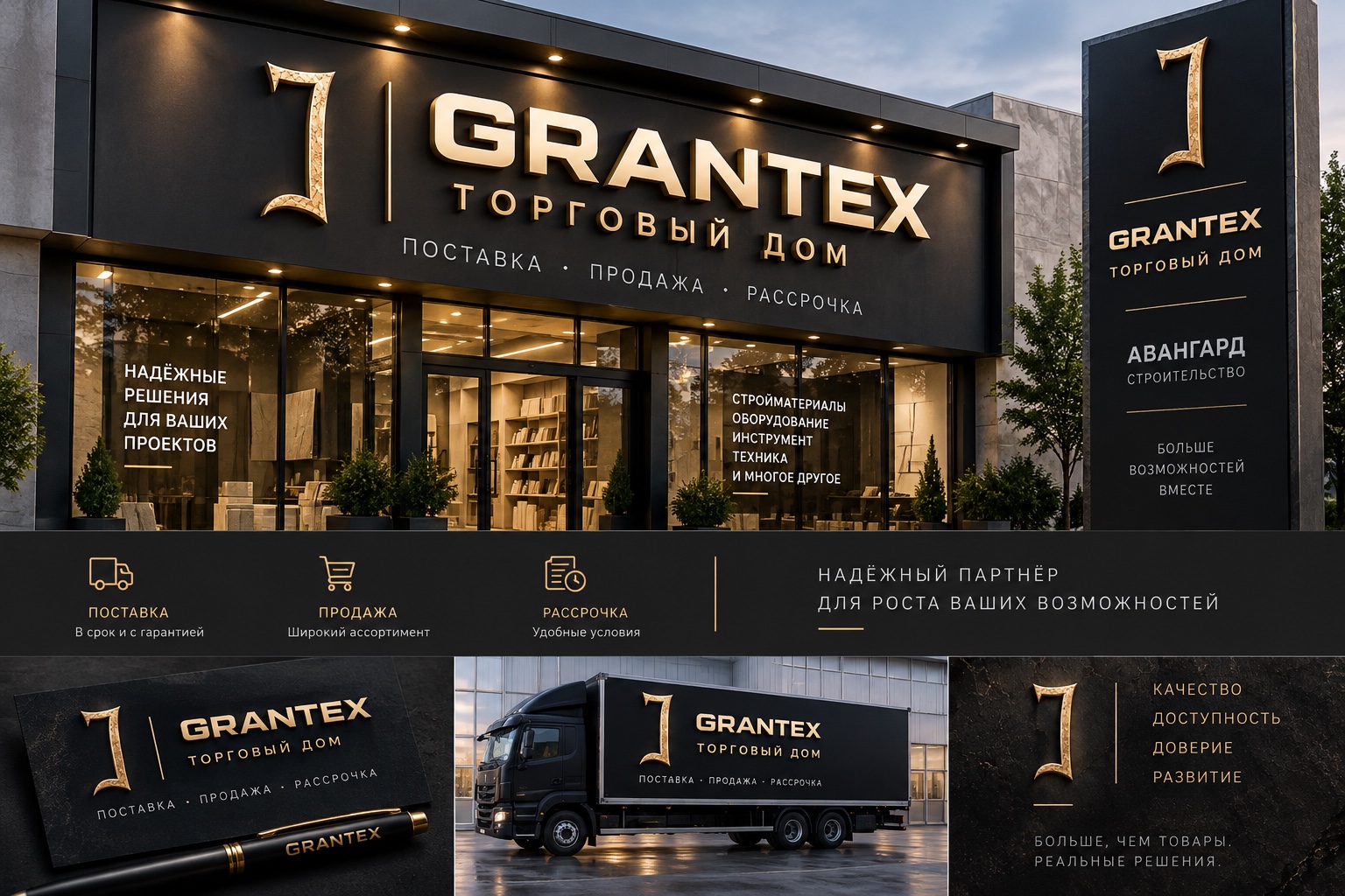 Визуальная концепция торгового дома GRANTEX в чёрно-золотом оформлении